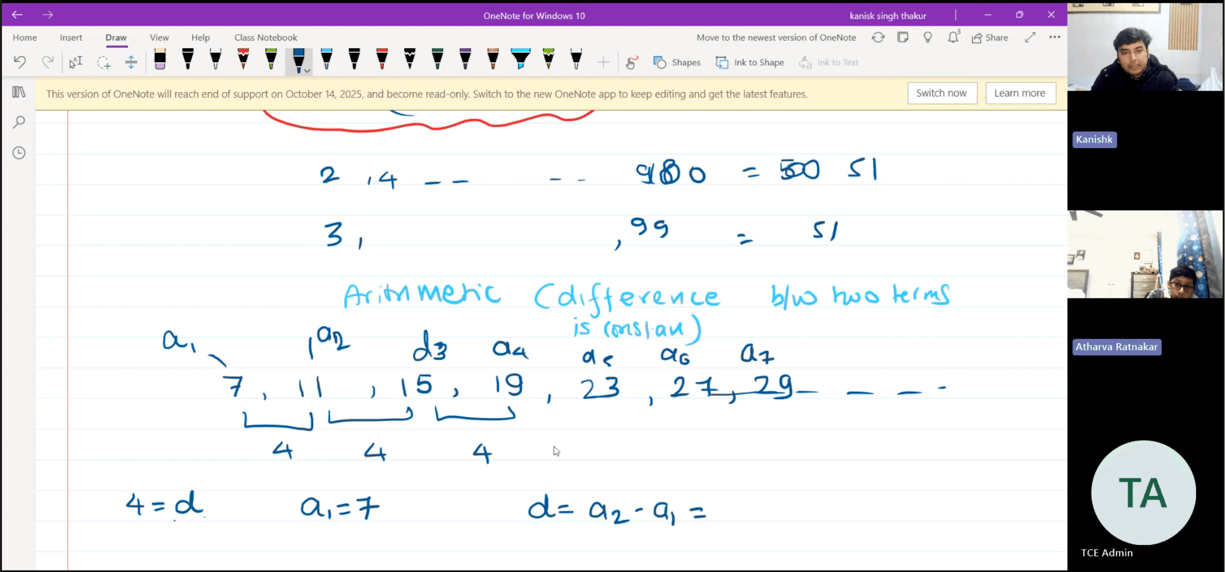 Kanishk teaching Arithmetic Sequences